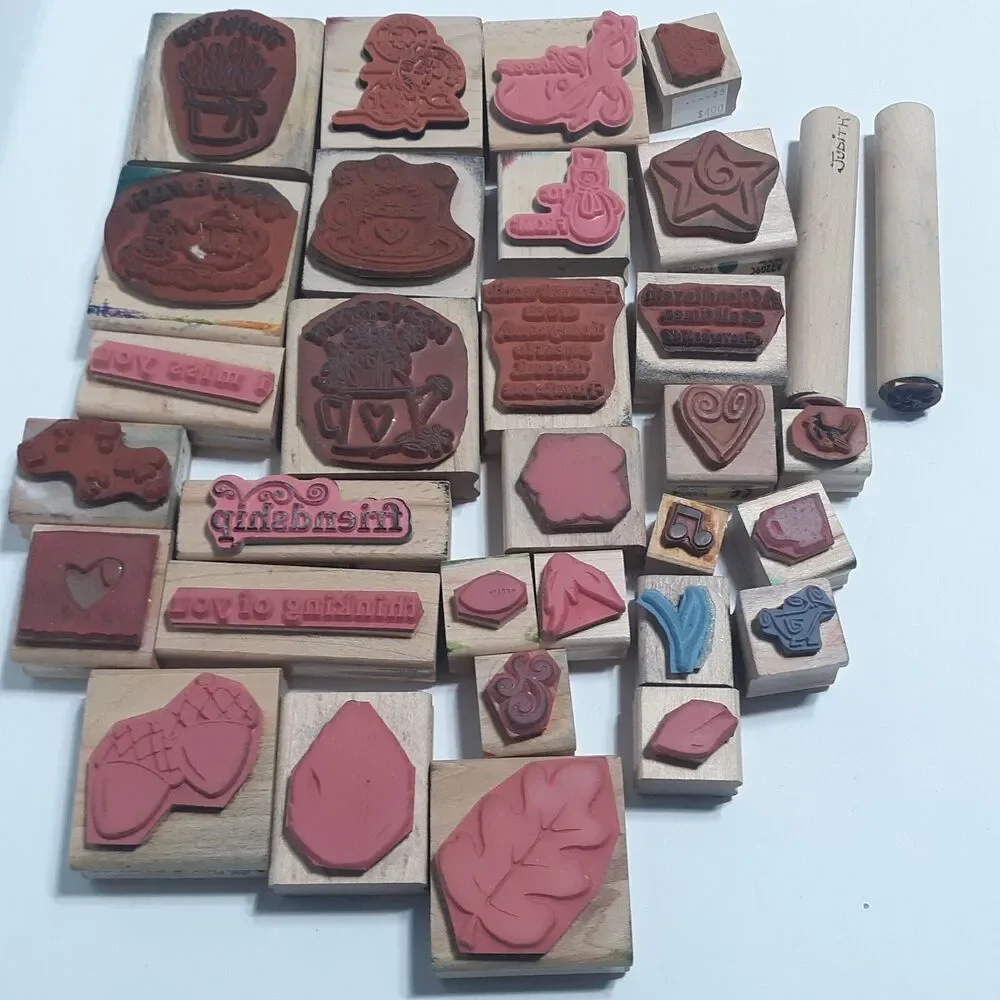 Lot of 32 Assorted Rubber Stamps Coffee Thank You Fall Holiday Words Greetings